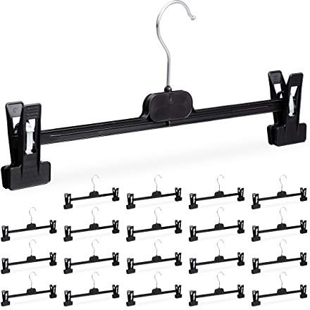 Relaxdays 20 x Hosenbügel Kunststoff, Klemmbügel verstellbar, drehbarer Metallhaken, Rockbügel, HxBxT: 14 x 36 x 3 cm, schwarz