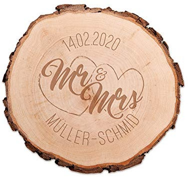 Casa Vivente Baumscheibe mit Gravur zur Hochzeit, Personalisiert mit Namen und Datum, Motiv Herzen Mr&Mrs, Dekoration, Hochzeitsgeschenk für Brautpaar