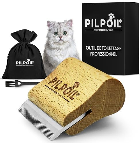 Pilpoil Pack Pro - Brosse Anti Poils Court Pour Chat, Chiot, Lapin + Raclette Anti-Poils Animaux - Élimine 95% du Sous-Poil - Outil Anti Mue en Bois - Accessoire de Toilettage - Taille S