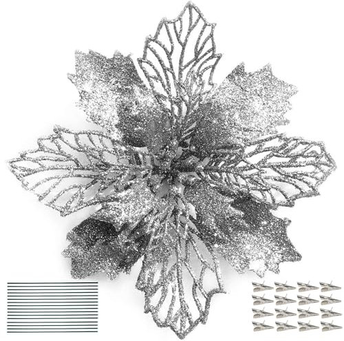 DWTECH 16 Pack Christmas Poinsettia Flowers with 16 Peduncles & 16 Clips,16cm/6.3 inch Artificial Flowers Glitter Poinsettia Christmas Wreath and Tree Ornaments for Christmas Decorations(Silver)
