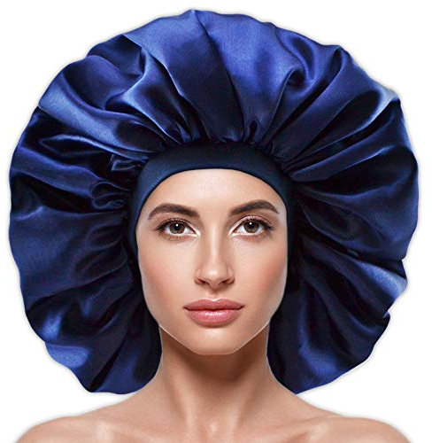 Large Silky Satin Bonnet with Wide Elastic Band, Soft Sleeping Cap Night Hat Big Hair Bonnets Head Cover for Women Curly Natural Long Hair (Blue)