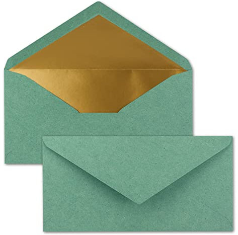 15 Brief-Umschläge DIN Lang - Vintage-Umschläge Eukalyptus (Grün) mit Gold-Metallic Innen-Futter - 110 x 220 mm - Nassklebung - festliche Kuverts für Einladungen