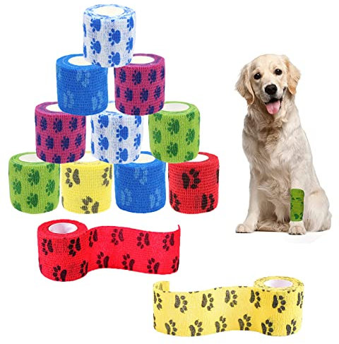 12 Rollen Selbstklebende Bandage für Haustiere Fixierbinde Selbsthaftend Elastisch Pet Vet Wrap Multifunktion Kohäsive Bandage für Katze,Handgelenk,Knöchelverstauchungen Hundepfoten 5cm x4,5 m