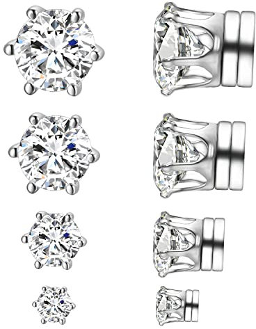 Airokiy 4 Paar Magnet Ohrringe Herren Magnetische Clip Ohrringe für Herren Damen ohne Ohrlöcher, Edelstahl Zirkonia Ohrclips Hypoallergene Modeschmuck Set (4/5/7/8 mm)