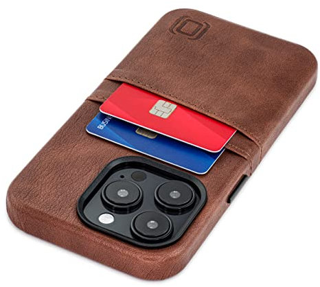 Dockem Card Case for iPhone 14 Pro with Built-in Metal Plate for Magnetic Mounting & Wallet with 2 Holder Slots: M2 Exec Premium Synthetic Leather (Brown)