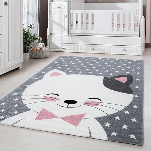 Carpetsale24 Runder Kinderteppich Katzenmotiv Ø160 cm – Großer Teppich in Rosa – Kindlich, Allergikergeeignet & Gemütlich