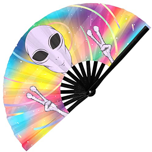 GloFX Rave Fan - Rainbow Alien - Large Folding Fan - Festival Gear for Music Festival Outfits, Rave Enthusiasts, and Cosmic Vibes