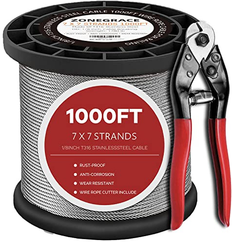 1000FT 1/8 T316 Stainless Steel Cable for Deck Railing, 7x7 Aircraft Wire Rope, Premium Balustrade Kit with Cutter, DIY Stair & Porch Cable System