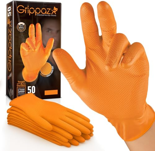 RAP Nitrile Disposable Work Gloves XXL Orange Pack of 50 Non Slip | Latex free, raised textured grip surface, thicker gauge for reuse, ideal for workshops, mechanics, industry and DIY