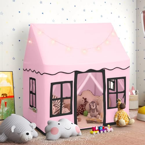 DREAMADE Tente de Jeux Enfant avec Lumière Etoilée LED Cabane Enfant avec Tapis Antidérapant,2 fenêtres, Maison de Tente Intérieure et Extérieure pour Filles Garçons (Rose)