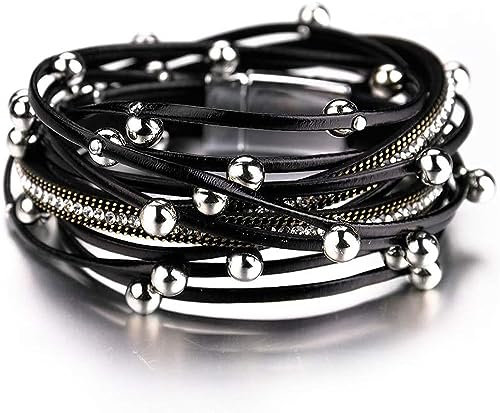 aesdox Leder Wrap Armbänder für Frauen, Boho Leopard mehrschichtige Kristallperlen Manschette Armband Schmuck Geschenk