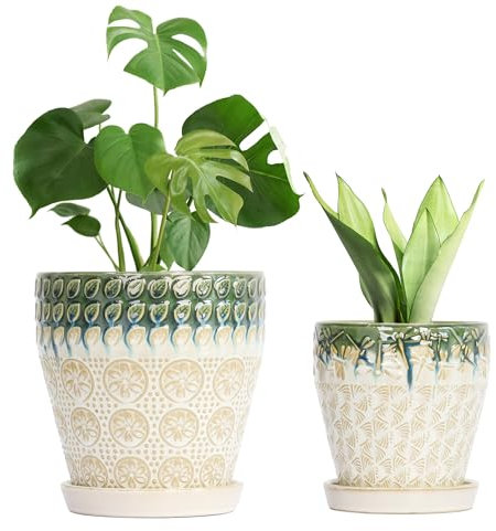 YFFSRJDJ Keramik-Pflanztöpfe für Zimmerpflanzen, 20,3 cm + 15,2 cm, Blumentopf mit Drainagelöchern, Untersetzern und Netz-Pads, Sukkulenten-Orchideen-Blumentopf, 2er-Set