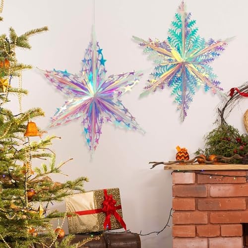 SONGTIY 2 Stück schillernde Wabenschneeflocken, dekorative hängende Ornamente, glänzende schillernde Folie, Deckengirlanden, für Weihnachten, Geburtstag, Hochzeit, Frozen-Mottoparty, Fee, Prinzessin,