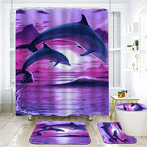 GUDAGUU 4 Pcs Dolphin Shower Curtains Bathroom Sets,Dolphins Jumping Sunset Ocean Bathtub Decor with Bath Rugs U Shape Mat Toilet Seat Cover and Hooks, 71 Inch Size Marine Life Sea Theme (Purple)