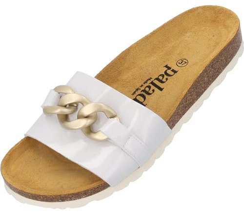 Palado Pantoletten Damen Gozo - bequeme Sandalen Made in Spain - Hausschuhe mit dämpfendem Kork-Fußbett - modische Sommerschuhe Weiß Lack UK5,5 - EU38