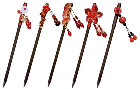 Lot de 5 épingles à cheveux rétro en bois - Épingles à cheveux rétro - Baguettes à cheveux classiques - Pompons de bijoux - Style chinois et japonais - Accessoires de cheveux pour femme
