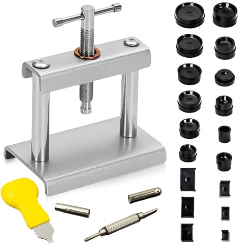 Uhr Presse Set: 21 Teilig Uhrenwerkzeug Set Einpresswerkzeug Uhrenpresse Gehäuseschließer mit 18 Druckplatten Kunststoffeinsätze, Uhrendeckelpresse Reparatur Werkzeug für Uhren Reparatur(Schwarz)