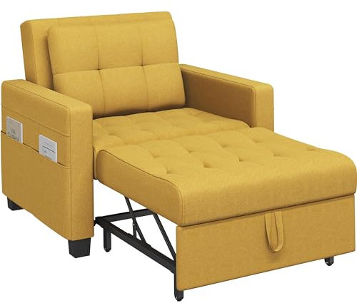 Yaheetech Sleeper Sofa Chair Bed Convertible Fabric Sofa Chair 3-in-1 Adjustable Sleep Bed Pullout Couch for Living Room/Apartment/Small Space, Yellow