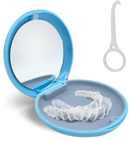 Zahnspangendose, Tragbare Dose Zahnschiene Box mit Spiegel Leere Kieferorthopädische Zahnhaltebox für Halter und Mundschutz mit Werkzeug zum Entfernen von Alignern (Blau)