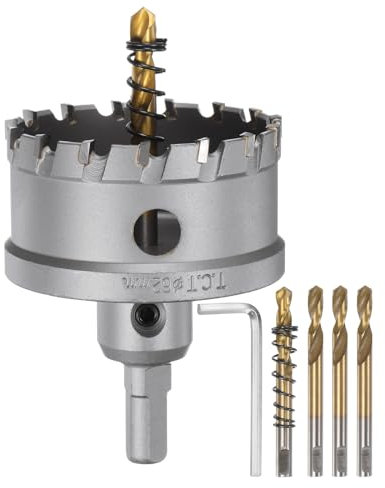 sourcing map Hartmetall-Lochsägen-Set, 62 mm, Metall-Lochschneider-Set mit 5 Zentrierbohrern, Federn, 1 Schraubenschlüssel für Edelstahl, Kupfer, Eisen, Aluminium