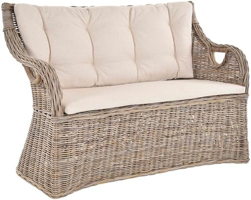 Krines Home Zweisitzer-Bank skandinavischer Stil mit hoher Rückenlehne Natur Rattan Zweisitzer Sofa mit Armlehne/Lehne Bank Landhaus (Natur Grau)