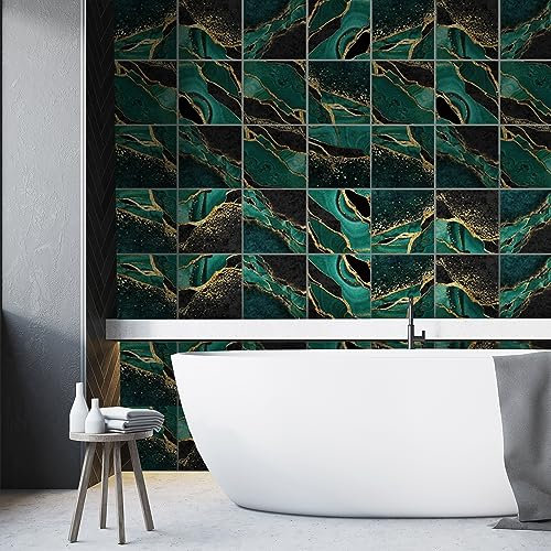 Tile Stickers Dark Green Marble Vinyl Waterproof Peel and Stick Tiles Kitchen,Bathroom Tile Stickers,Backsplash for Kitchen,Floor Tiles Self Adhesive,DIY Home Decor 36 PC(20x20cm)