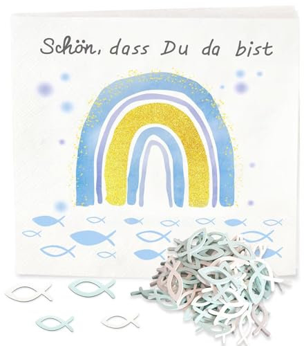 Servietten Taufe Deko Junge,32 Servietten Konfirmation Regenbogen Fisch Blau+60 Holz Fische Taufdeko,3-Lagig Papierservietten Kommunion Deko 'Schön, dass du da bist!' Servietten Tischdeko 33x33cm