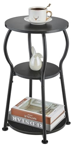 ZEXVIDA Runder Beistelltisch Vintage, 3-Stufiger Industrieller Couchtisch Klein mit Robustem Metallrahmen, Nachttisch Kleiner Tisch Runder Sofatisch für Wohnzimmer Schlafzimmer Balkon (Tintenschwarz)