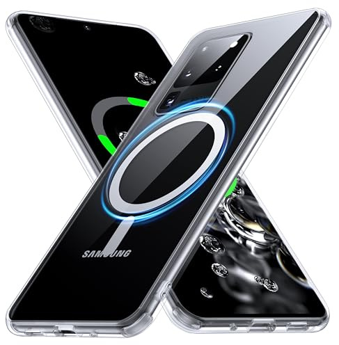 FNDMIL [NO.1 Magnetisch für Samsung Galaxy S20 Ultra Hülle mit MagSafe | [Transparent Anti-Gelb][Militär Stoßfest][Durchsichtig Hardcase] mit Weich Silikon Bumper für Galaxy S20 Ultra Case Dünn Klar