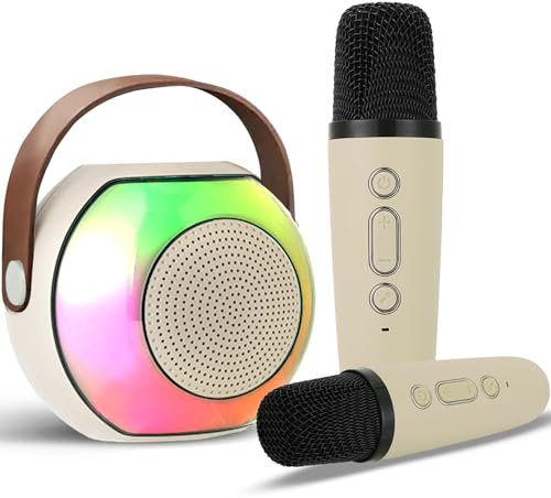 Koolcover mini karaoke machine, Bluetooth Speaker with 2 Wireless Microphones, Birthday Gifts for Age 3-15 Years Old Girls Gifts, Portable Speaker with Voice Changing Effects & LED Lights, Beige
