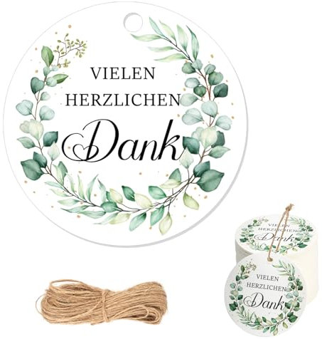 100 Stück VIELEN HERZLICHEN DANK Geschenkanhänger, 5.5cm Runde Danke Anhänger, Dankeschön Geschenke Anhänger mit 20m Schnur,Eukalyptus Etiketten Anhänger für Babypartys,Hochzeiten,Geschenkverpackungen