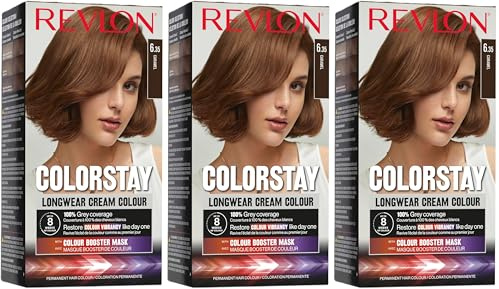 Revlon Colorstay Tinte Pelo Mujer, Coloración Permanente de larga duración, Incluye mascarilla potenciadora del color, Hasta 8 semanas de color, Tono 6.35 Caramelo (Paquete de 3)