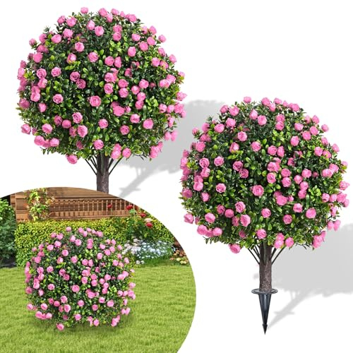 25.6 Artificial Pink Rose Topiary Ball Trees, Set of 2 Artificial Shrubs Bushes with Ground Spike, UV Resistant Fake Evergreen Tree for Outdoor Indoor Front Porch Garden