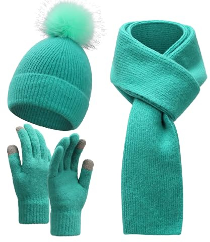SERENYOU Wintermütze Schal Handschuhe Set Frauen gestrickte Mütze mit Pom Pom Touchscreen Handschuhe Schal 3 in 1 Warmes Set