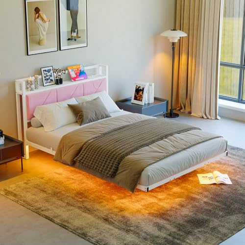 HAHRIR Floating Double Bed Frame with Upholstered Headboard Storage, Pink | 135x190cm Metal Bed Frame with LED Lights & USB Charging Station, 4ft6 Platform Bed, Heavy Duty Metal Slats, Noise Free