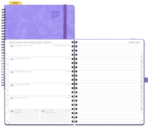 POPRUN Kalender 2026 2027 Spiralbuch mit Softcover ca.A4(21,2 x 25,9cm) | 17-Monate-Terminplaner,(Aug.2026-Dez.2027),Wochenplaner 2026 2027,1 Woche 1 Seite,Terminplaner(Flieder)