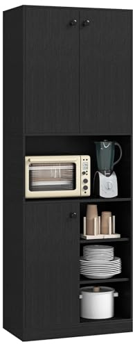 GOPLUS Küchenschrank hoch, Hochschrank mit 3 Türen & 2 Schränken & offenen Ablagen, Geschirrschrank Vorratsschrank Buffetschrank Küche Aufbewahrungsschrank für Küche & Wohnzimmer (Schwarz)