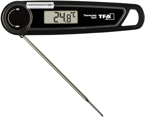 TFA Dostmann Digitales Fleischthermometer Thermo Jack Taste, 30.2035, +/- 0,5° genaues Messen, Grillthermometer, für BBQ, Kochen, abwaschbar (IP65), dünne Edelstahlspitze (schwarz mit Batterie)