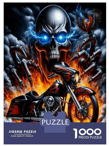 Totenkopf-Motorrad Feuer 1000 Teile Klassisches Puzzle Rebellische Biker-Wut Puzzle Für Erwachsene Dicke Pappe – Ultra Schwer, Stressabbau Entspannung, Ideal Für Freizeit Kreativität 70x50cm/1000pcs