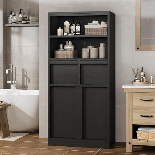 Crevyteg 51 H Tall Bathroom Cabinet with Doors and 2 Drawers, Freestanding Floor Storage Organizer with Adjustable Shelves, Suitable for Bathroom, Living Room, Kitchen, and Pantry, Black