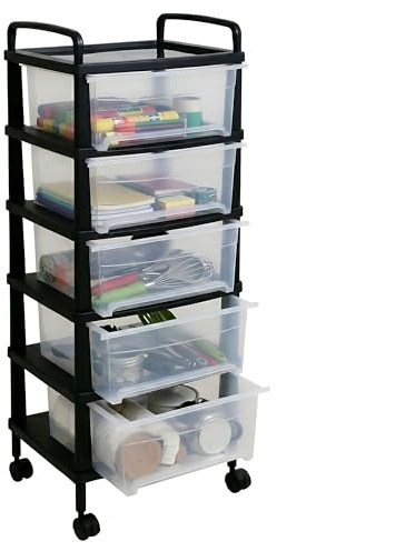 ABBAware Space-Saving 5-Tier Plastic Drawer Tower | Mobile Storage Cabinet on Wheels | Clear Drawers & Black Frame, Multi-Use Organiser