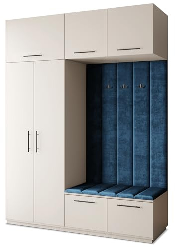 Masseno Flugarderoben Set Rema, Kleiderschrank-Set mit Sitzbank, Garderobenschrank Flur mit 5 Regalböden, Kaschmir