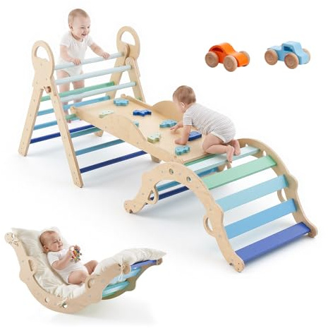 VEVOR Set Pikler Arrampicata 9 in 1 Colore Blu per Bambini Piccoli, con 2 Macchinine in Legno Cuscino Triangolo Arco e Rampa Portata Massima 68 kg, Set Montessori Pieghevole Educativo, per Bambini