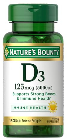 Nature's Bounty Vitamin D3 5000 IU Softgels, Rapid Release, 150 Count