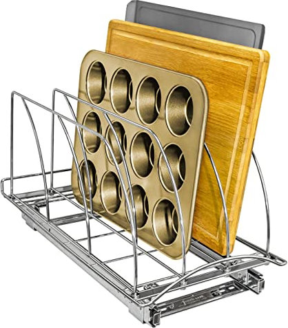 LYNK PROFESSIONAL Slide out Cutting Board, Bakeware, and Tray Organizer Organizadores extraíbles para gabinetes, Acero aleado, Plateado, 10w x 21d x 9.6h -Inch