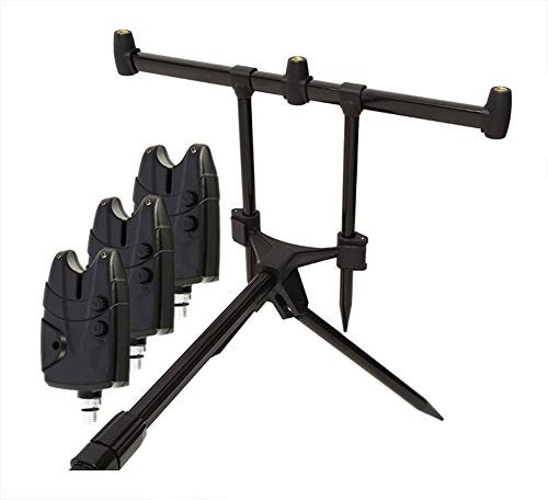 G8DS® Set Rod Pod Rutenhalter + Tragetasche inklusive 3 Bissanzeiger mit Ton- und Lautstärkeregler für 9V Block Karpfen Angeln