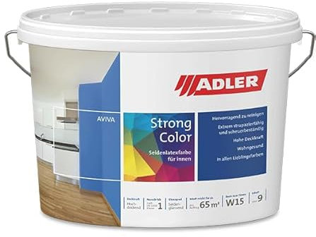ADLER Aviva Strong-Color - 9 L - Premium Latexfarbe RAL9016 Verkehrsweiß - abwaschbare Wandfarbe für Küche, Bad & Flur, extrem strapazierfähig
