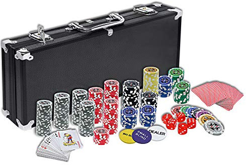 NAIZY Set da Poker 500 Fiches Laser, 12 Grammi, Nucleo in Metallo, Include 2 Carte da Gioco, 5 Dadi, Pulsante del Mazziere, in Alluminio Argento - Nero