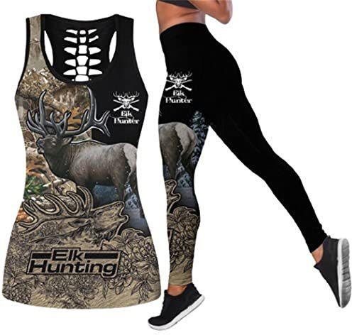 Animal Elk 3D Hollow Tanktop Frauen Jagd Camo Gedruckt Sexy Weste Mädchen Nahtlose Leggings Active Wear Gym Set, Tanktops und Leggings, 42