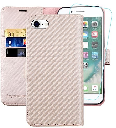 MONASAY iPhone SE 2022/2020 5G Case,iPhone 8 Wallet Case, iPhone 7 Case,4.7-inch, [Glass Screen Protector] Flip Leather Cell Phone Cover with Credit Card Holder, Bright-Rose